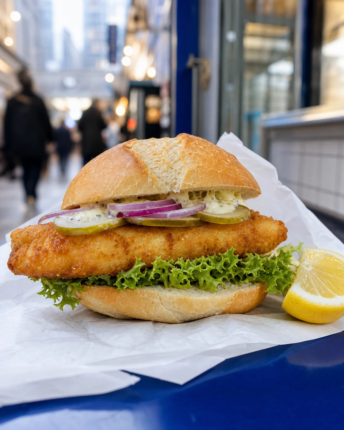 Fischbrötchen mit Backfisch, Salat, Gurke und Remoulade